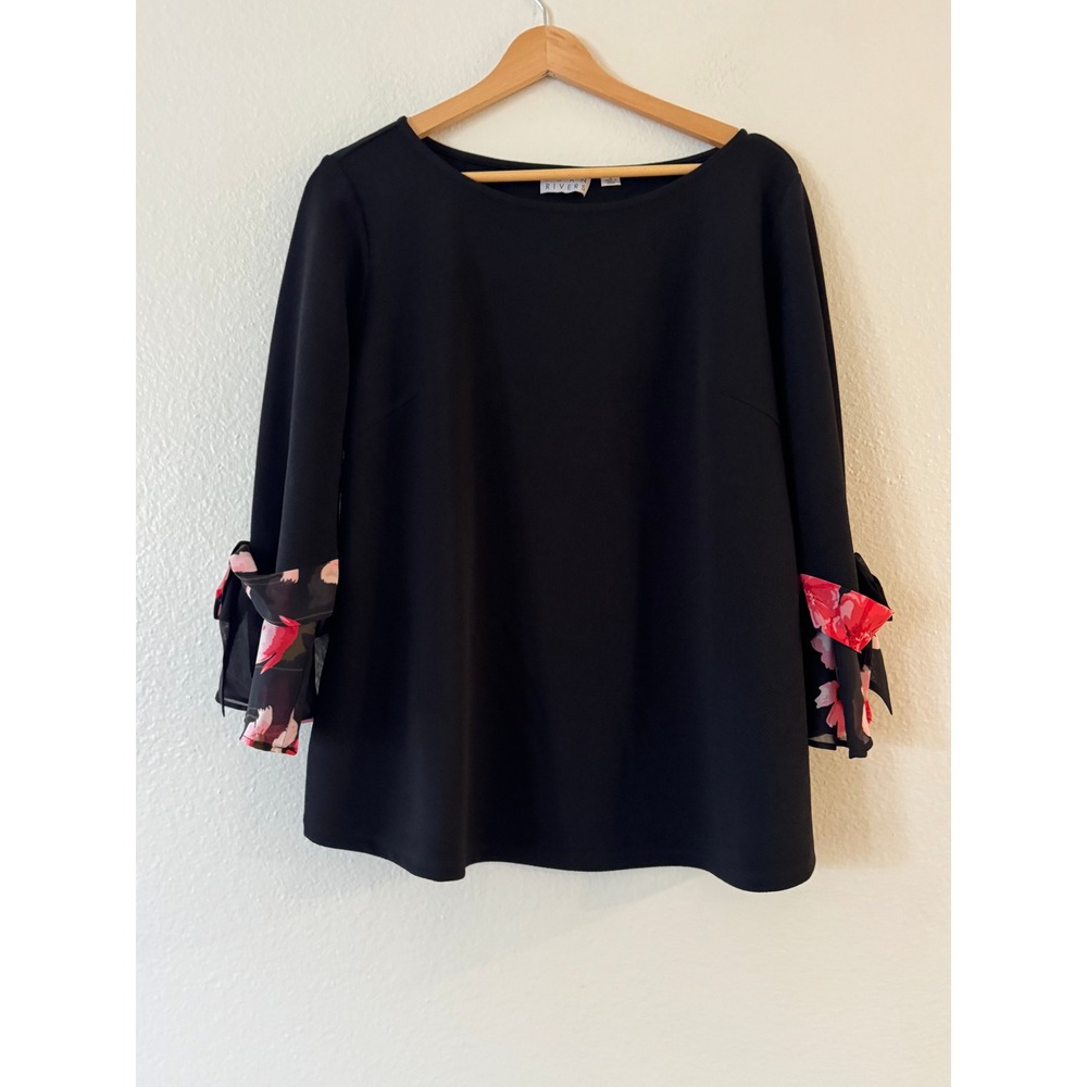Joan Rivers Floral Chiffon Tie Bell Sleeve Blouse Top Large Black Red Excellent